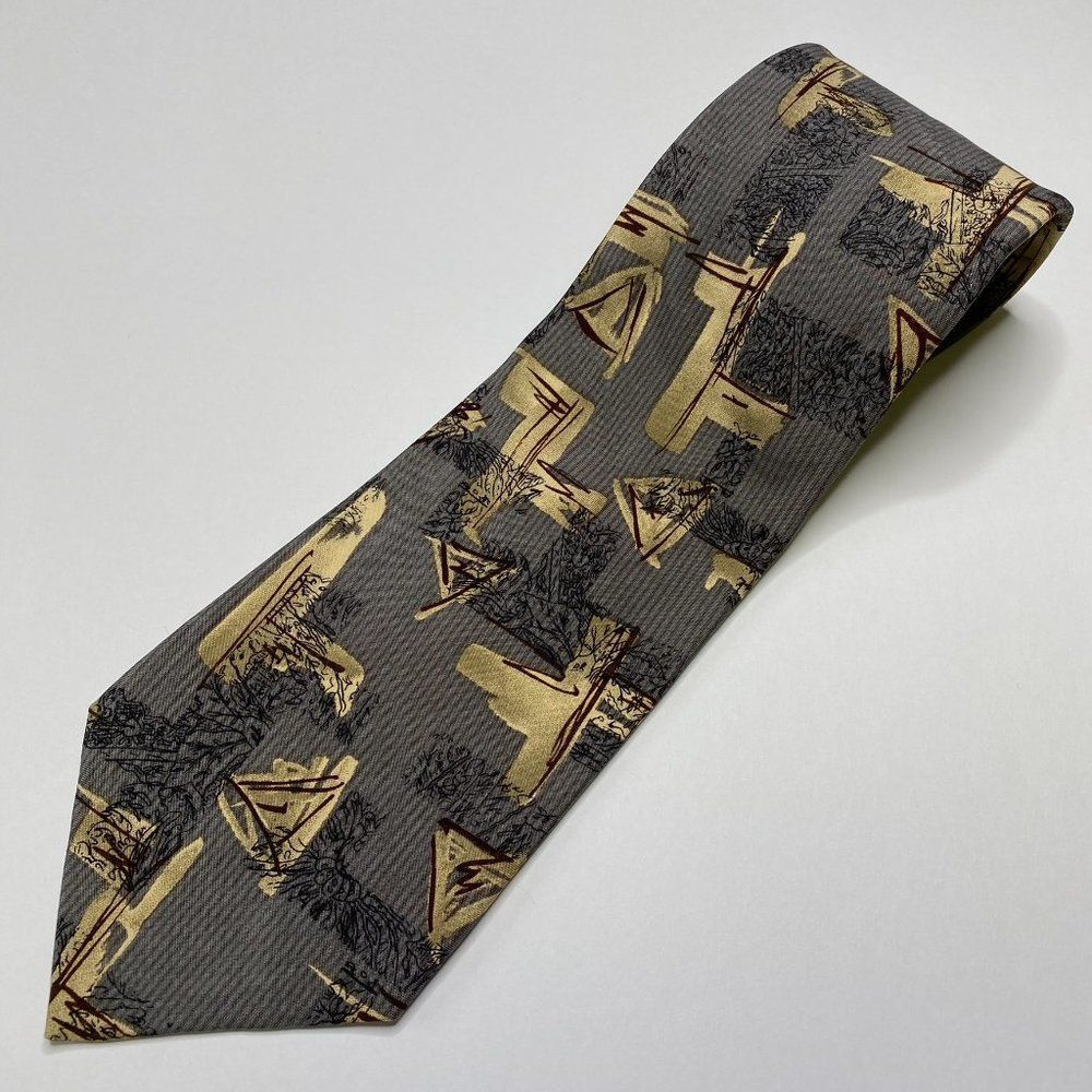 Cabralli Collection Men's Tie 100% Silk Sandwashed Gray Abstract Art Made in USA